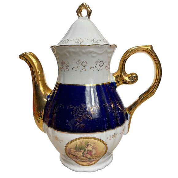 Vtg Italian Design Victorian Teapot Creamer Sugar Fine Porcelain Blue White Gold - Picture 2 of 12